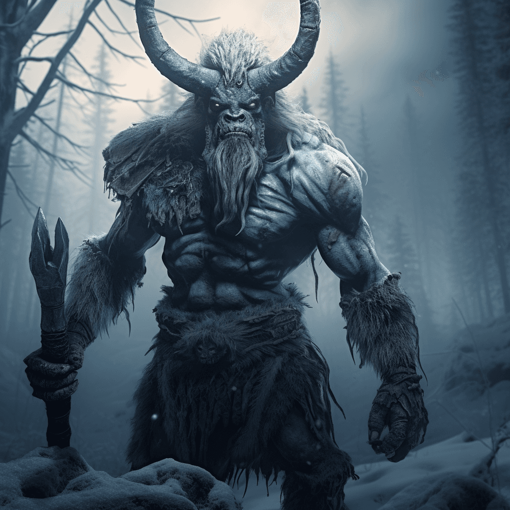 AI generated: scary horned ogre, 20 meter tall, full body, blue eyes, frozen taiga forest with magic mushrooms on ...