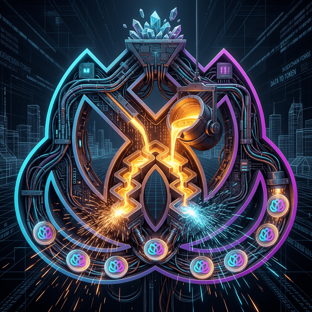 AI generated: "Digital forge/foundry in cyberspace, raw data crystals being transformed into glowing token coins, ...