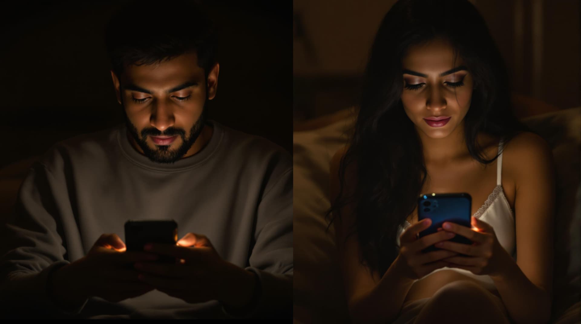 AI generated: (Cinematic UHD, split-frame composition showing a young Indian man and a young Indian woman, both ho...