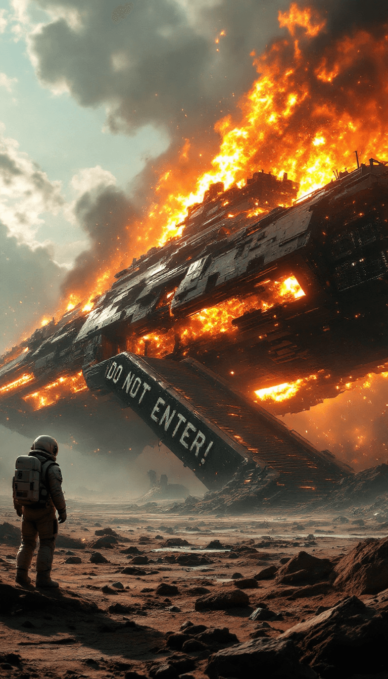 AI generated: On a desolate planetary surface, a giant, burning starship lies in ruins, its hull twisted and broke...