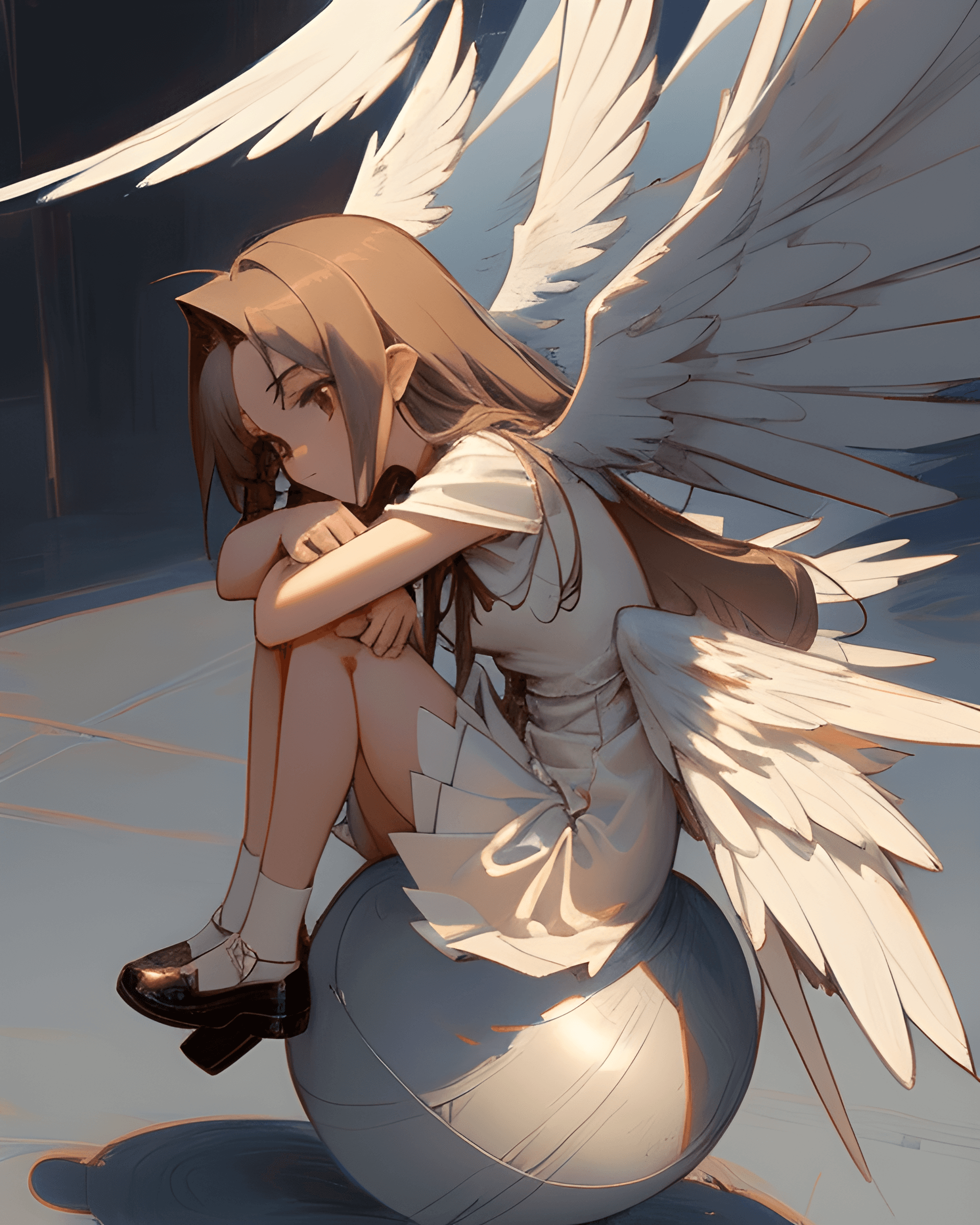 AI generated: a woman sitting on top of a ball with wings, winged girl angel, fallen angel, winged human, poe's an...