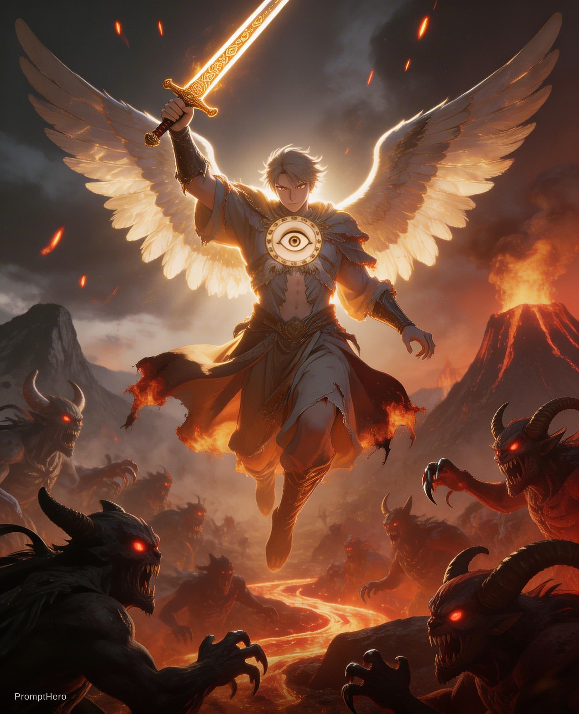 AI generated: An epic,gritty scene (1.8) in the style of Makoto Shinkai (1.6),showcasing a byblical seraphim  asce...