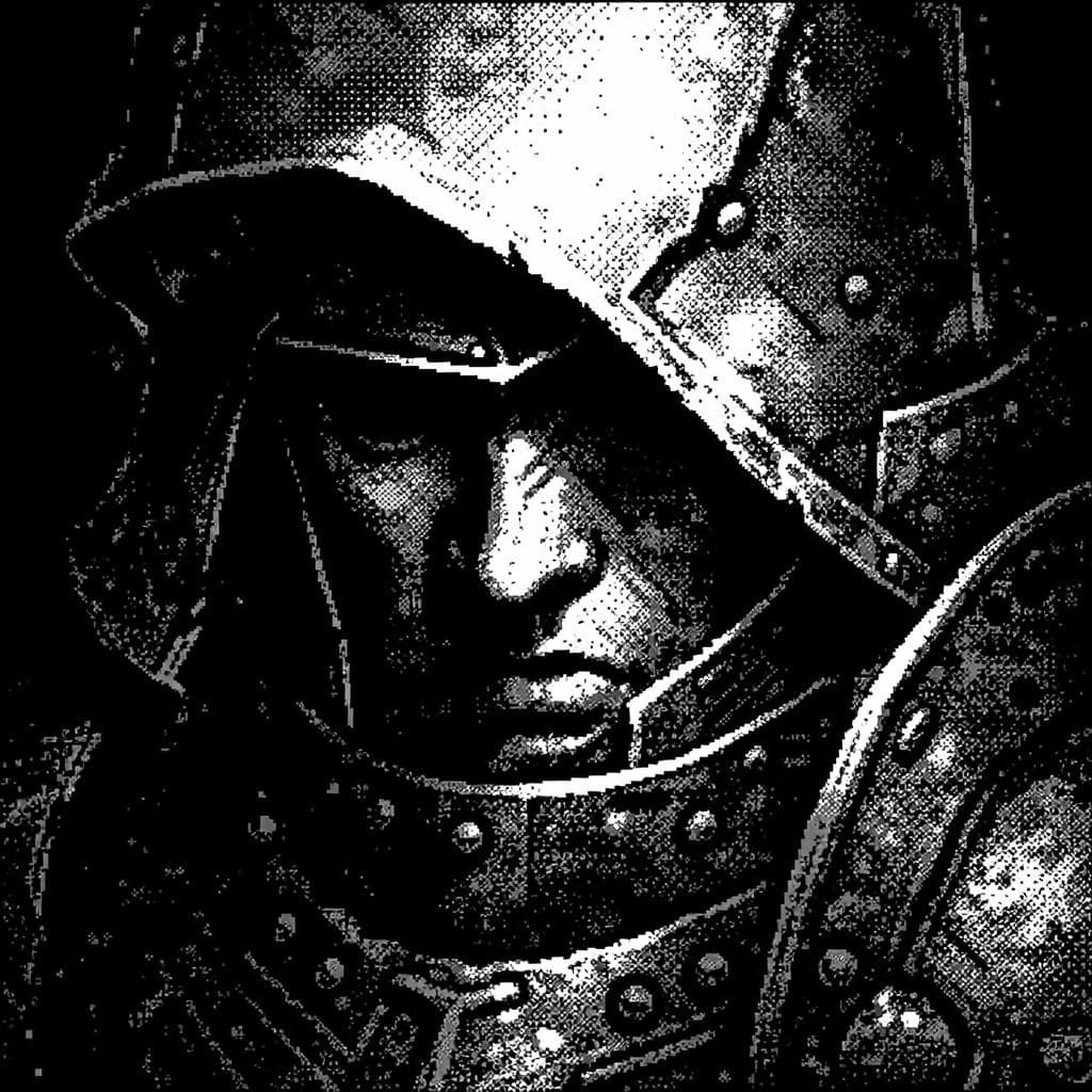 AI generated: Adelbert Steiner from Final Fantasy IX, pixelated grayscale style, dithering effect, monochrome blac...