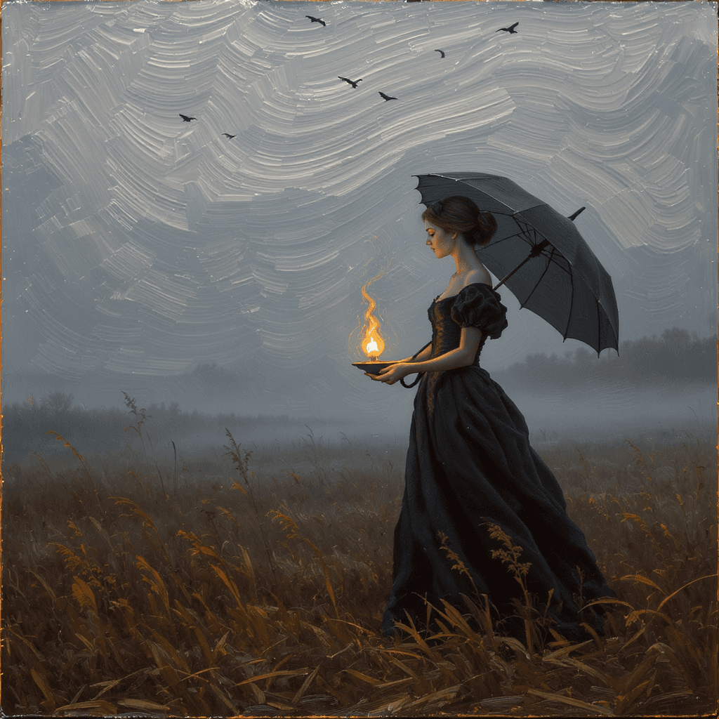 AI generated: A solitary woman stands in a misty autumn field at dusk, wearing a long black dress with visible emb...