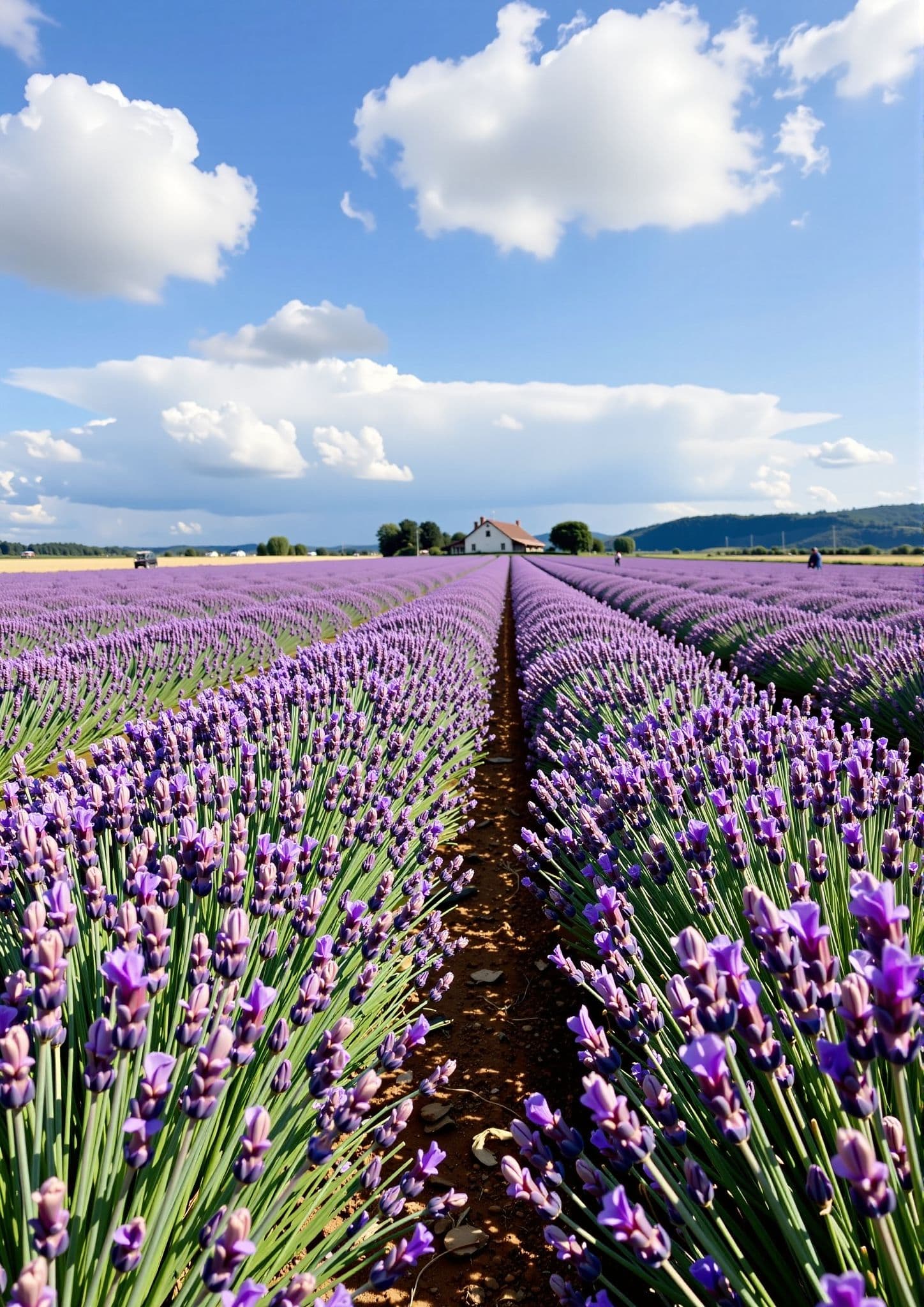 AI generated: A field of purple lavender, with rows leading the eye towards a distant farmhouse. <lora:UltraRealPh...