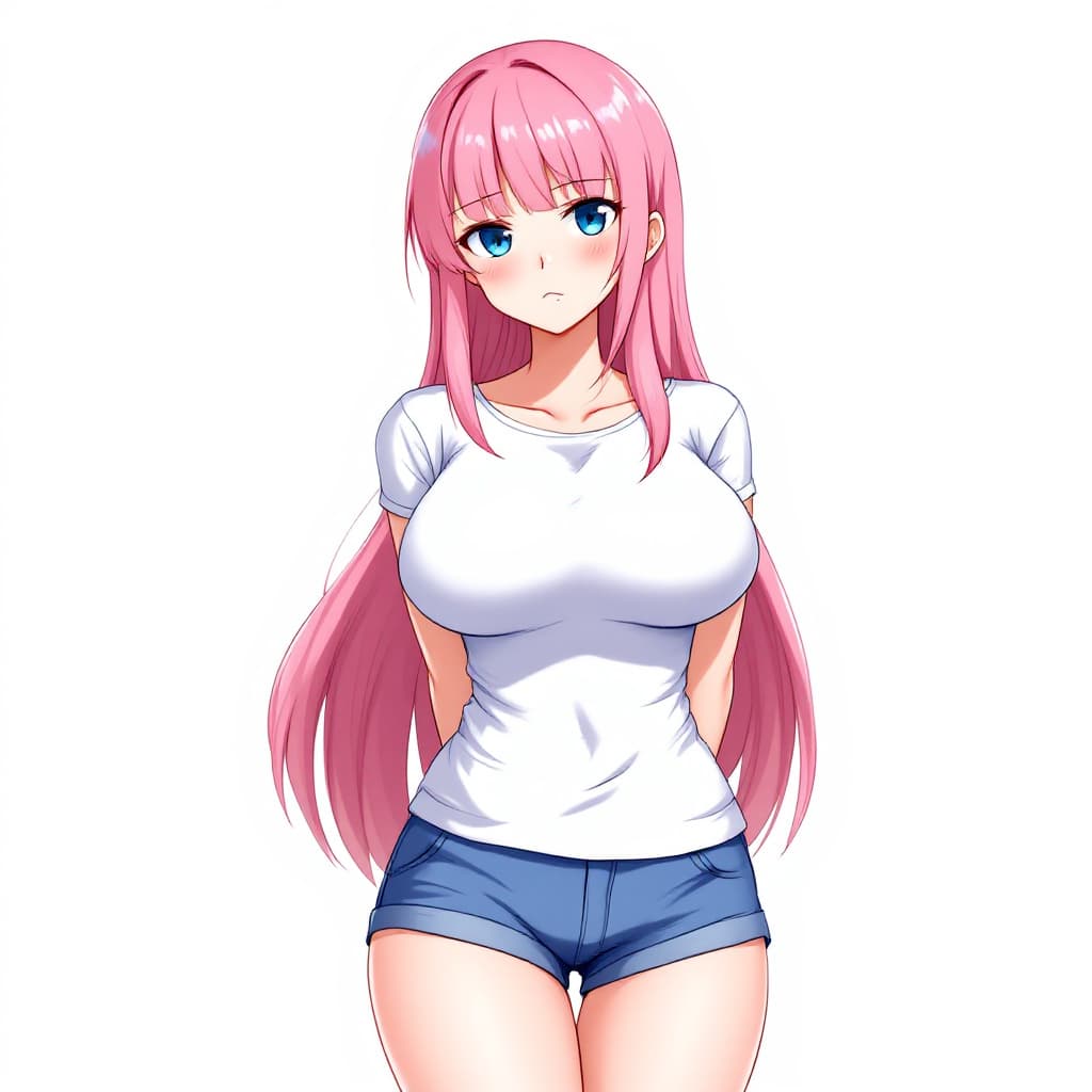 AI generated: anime, woman, pink hair, long hair, blue eyes, white t shirt, tight t shirt, blue shorts, bare feet,...