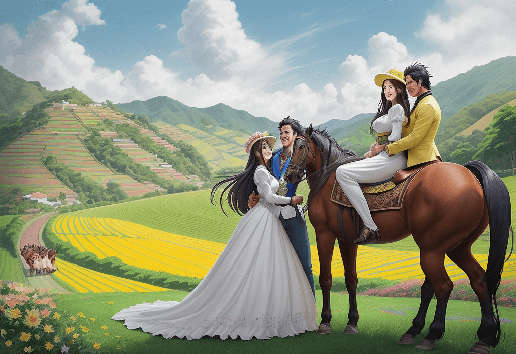 AI generated: Create an anime-style artwork celebrating Colombia's Independence Day, featuring a lovely couple ami...