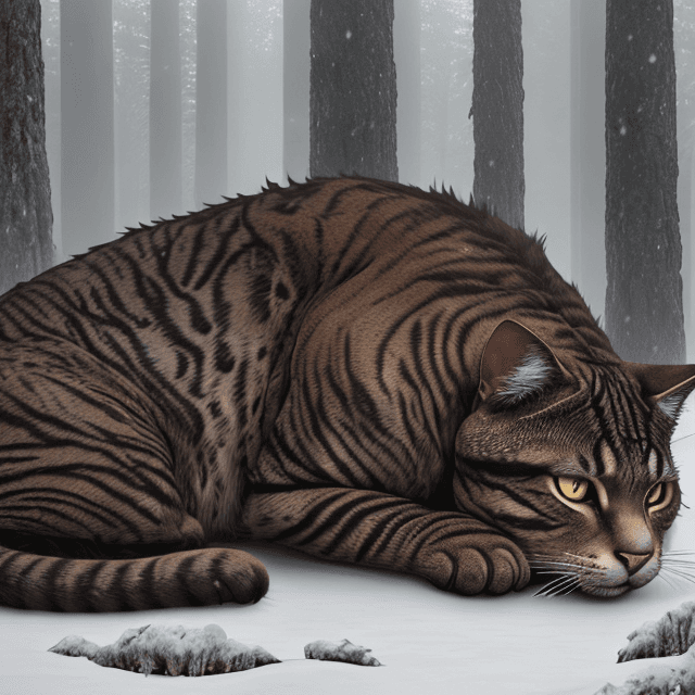 AI generated: side view of a nice, wise, gloomy,  giant,  brown very old cat resting  in a winter prehistoric fore...