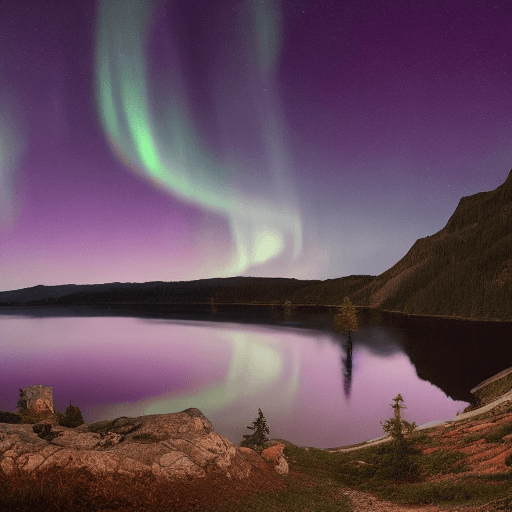 AI generated: beautiful landscape, lake, starry night, northern lights, octane render, hyper realistic, maximum de...