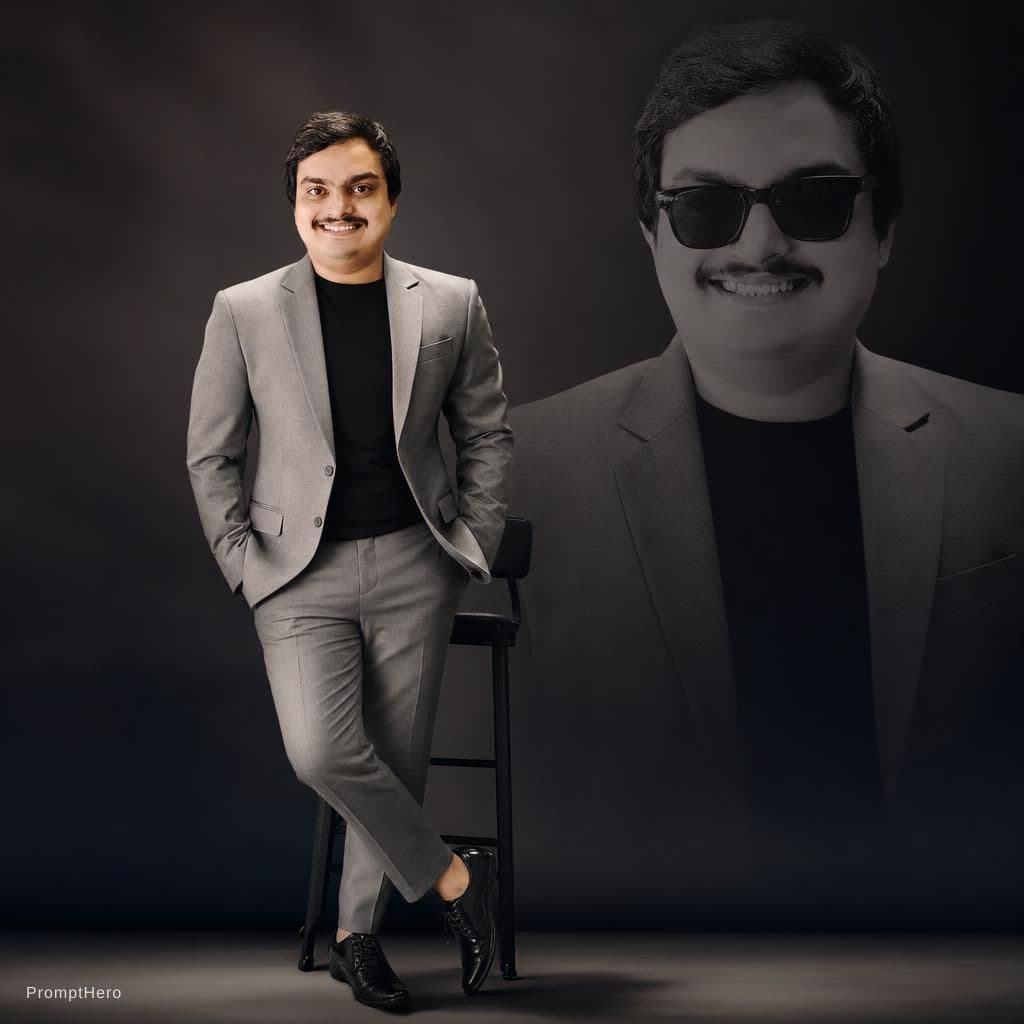AI generated: "A stylish young man wearing a modern slim-fit grey suit with a black t-shirt inside, standing confi...