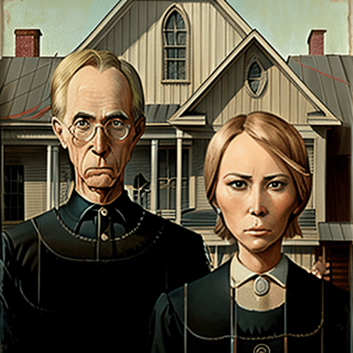 AI generated: Grant Wood style of American Gothic poster, Donald Trump and Melania Trump are the actors, with Dona...