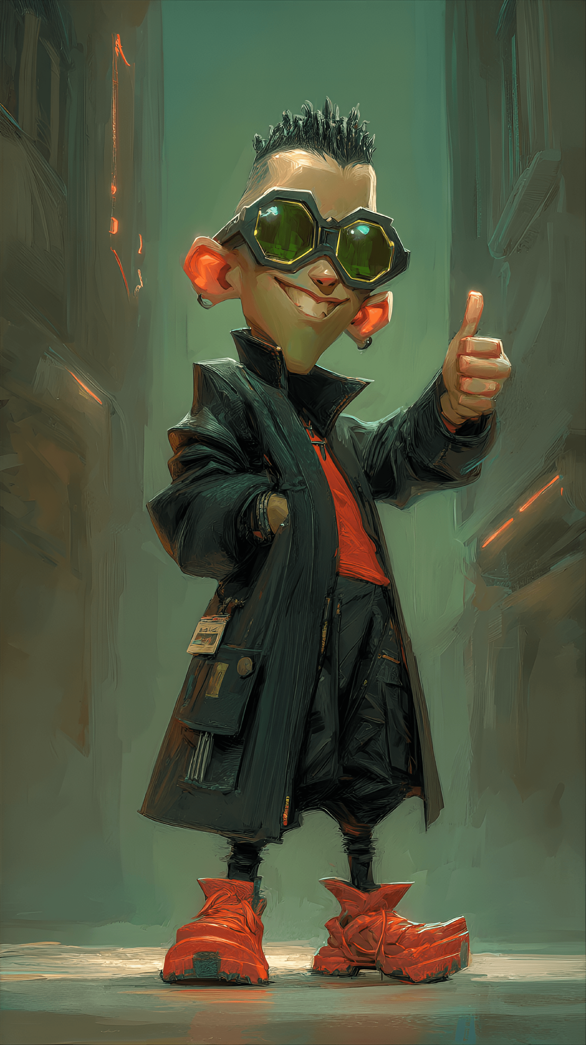 AI generated: funny caricature, cyberpunk kid caricature, androgynous cyborg child, ageless, green-tinted skin, an...