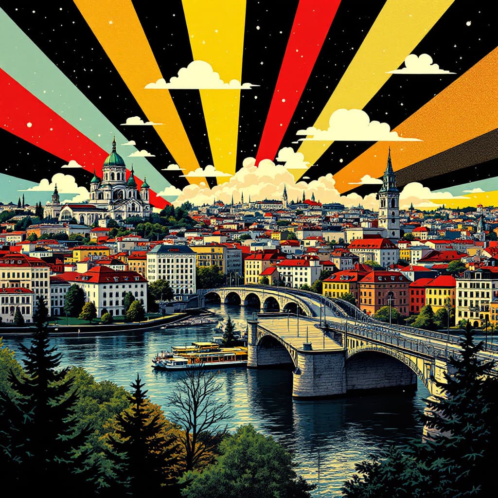 AI generated: belgrade, st sava church, kalemegdan, zepter building, bridge, pop art style