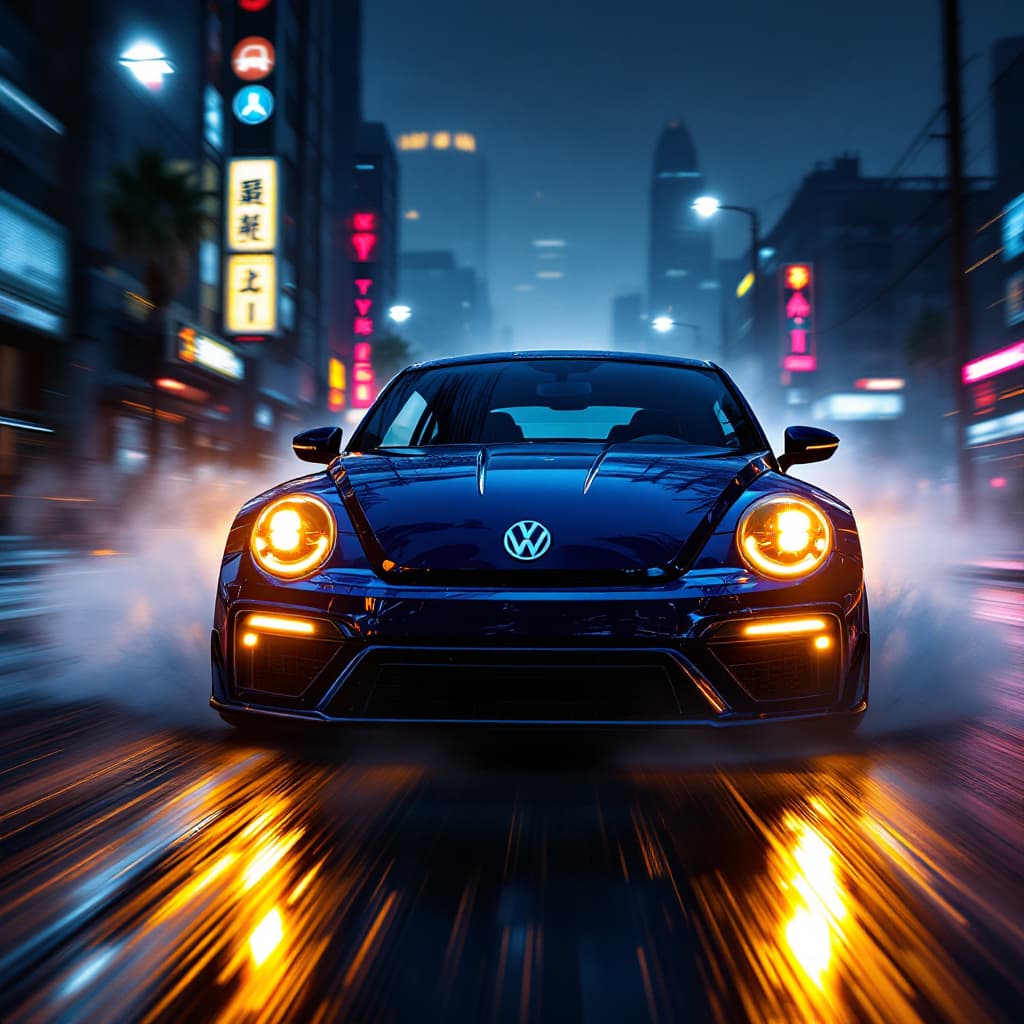AI generated: Volkswagen New Beetle (((at night))), high speed, ((motion blur)), movie action scene, (((Need for S...