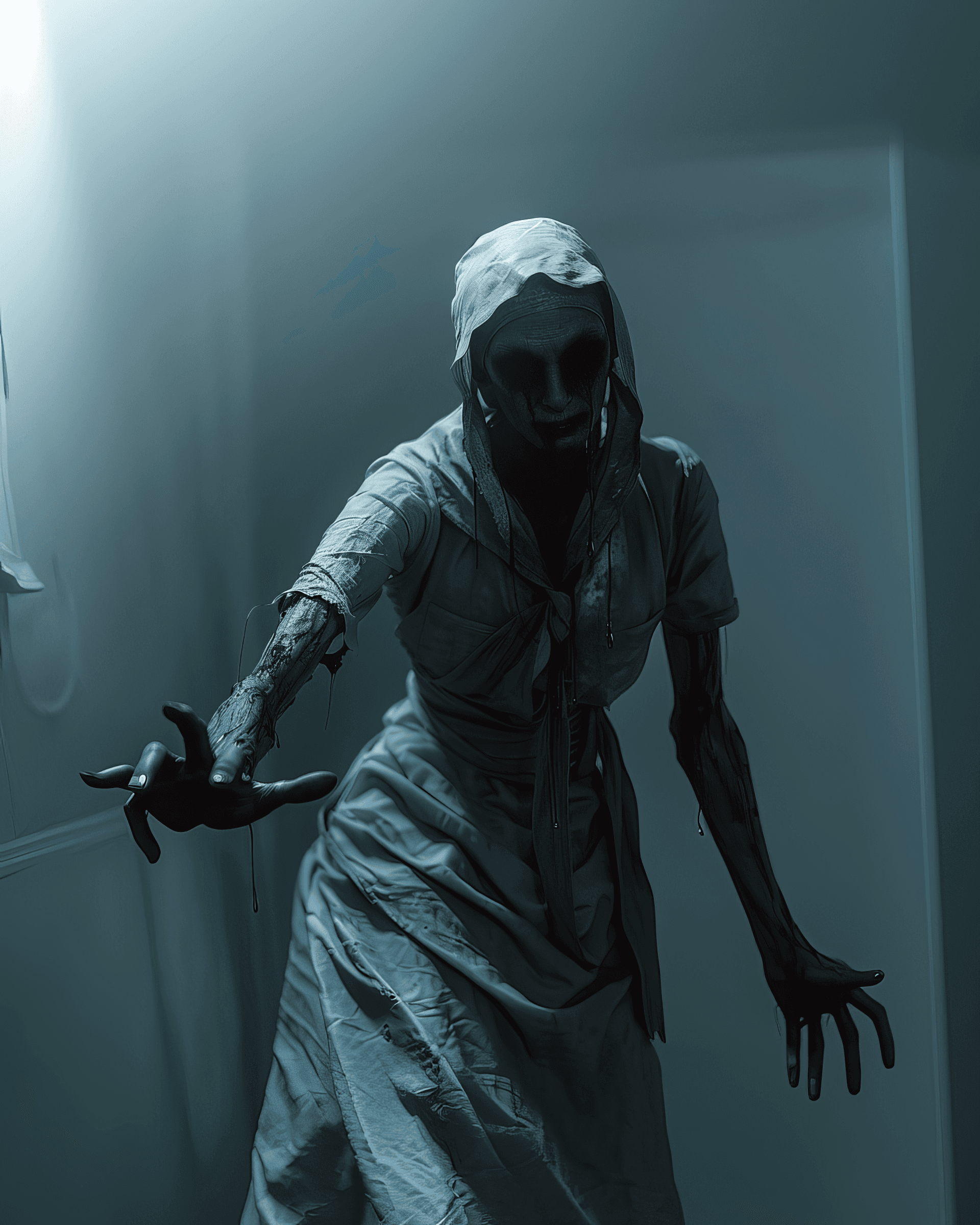AI generated: legendary photo dark and terrifying themes, evil nurse from Silent Hill, in a uniform, gauze wrapped...