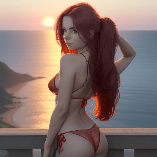 AI generated: A woman, in a red transparent bikini stands with her back to the camera, slightly twisting her upper...