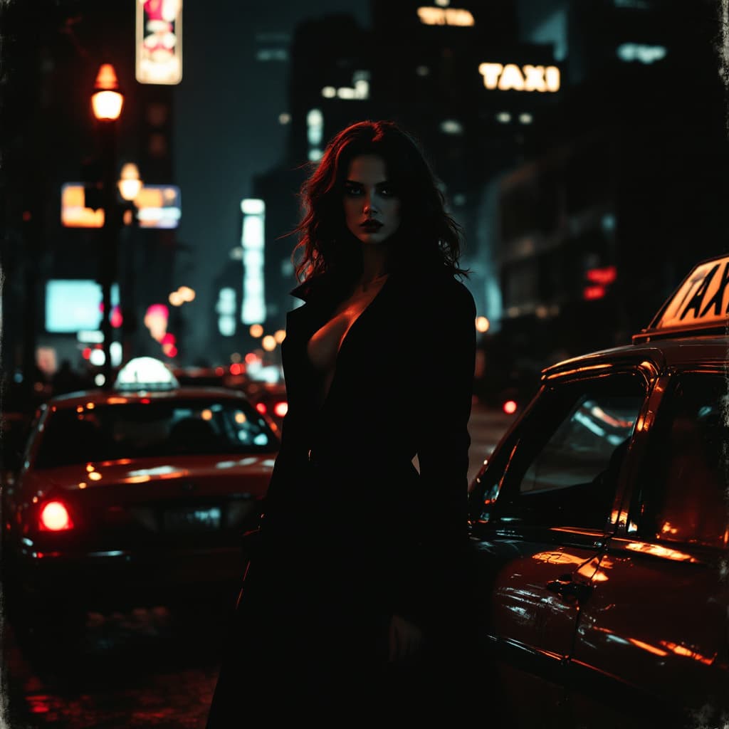 AI generated: A mysterious femme fatale stands next to a taxi in a Film Noir Cityscape setting, with dark, moody s...
