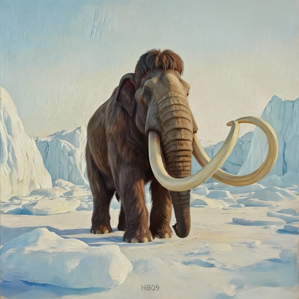 AI generated: Mammoth. Oil painting.
With the discreet and very small watermark "HB09" at the bottom of the photo...