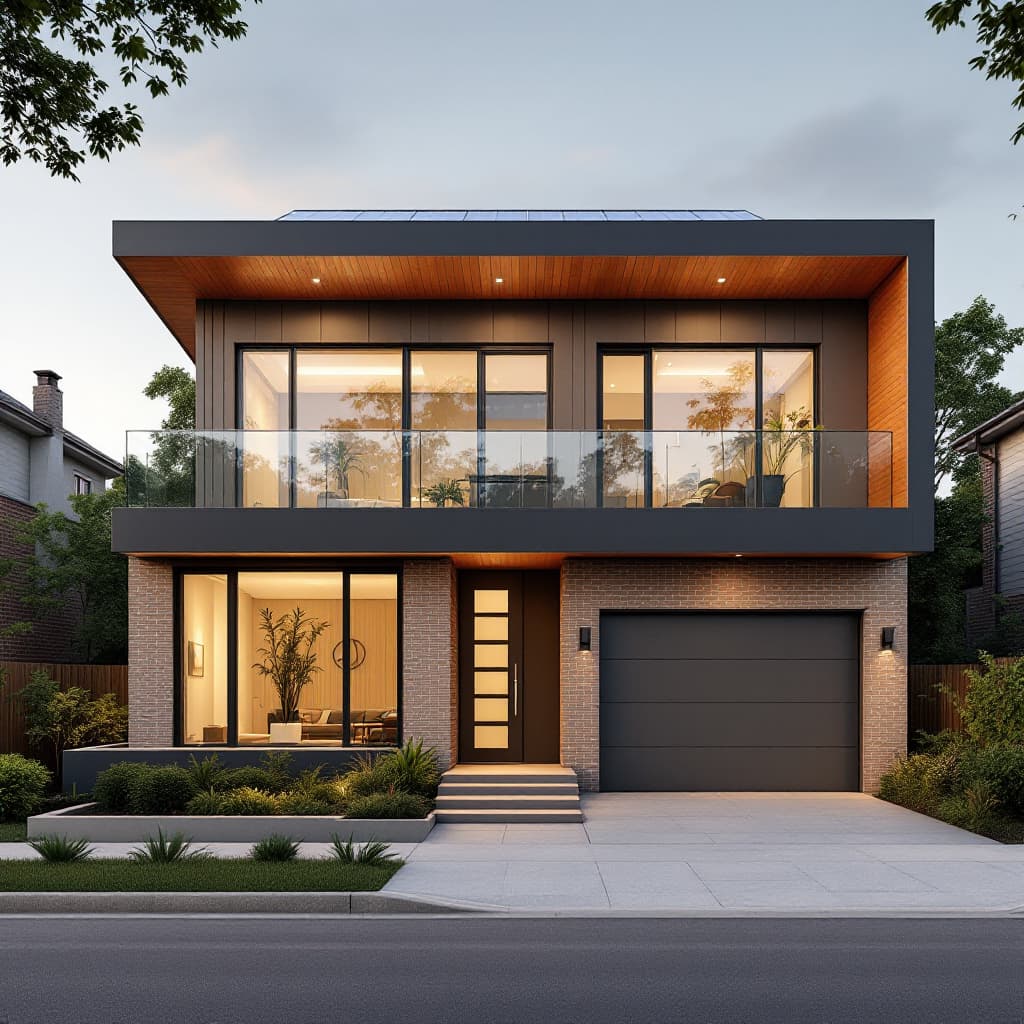 AI generated: Hyper realistic eye level exterior photo of a two story mid century modern style house in suburban s...
