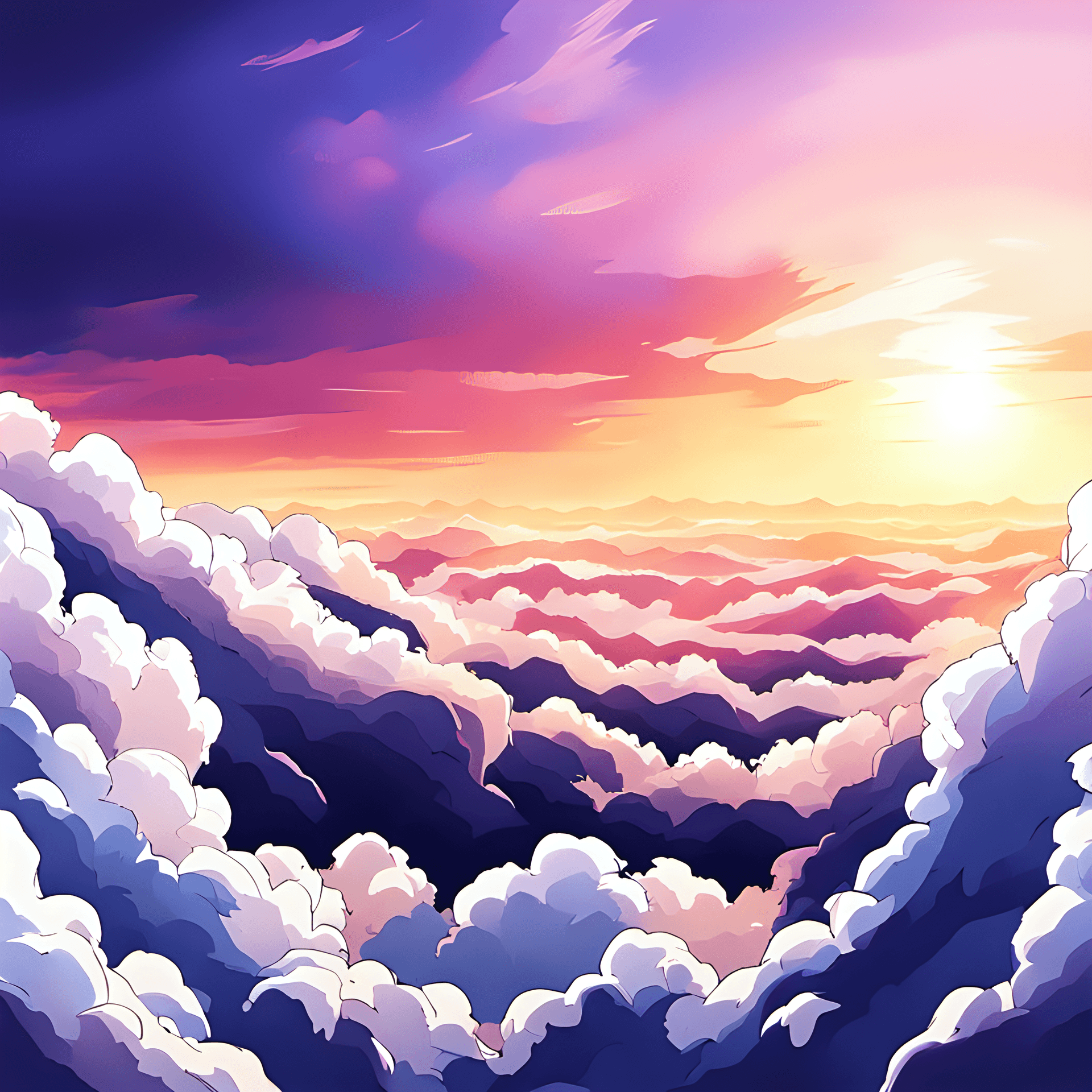 AI generated: (masterpiece),Beautiful sky from top of the clouds,fluffy clouds,clouds flowting near the mountain,n...