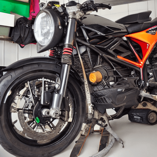 AI generated: make me a picture of a motorbike being serviced with a mechanic next to it and below there are many ...