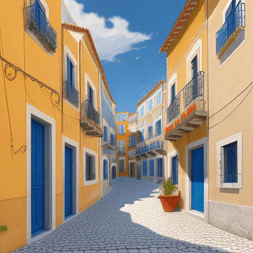 AI generated: a beautiful digital drawing of a portuguese street village, reduced palette of saturated colors, pic...