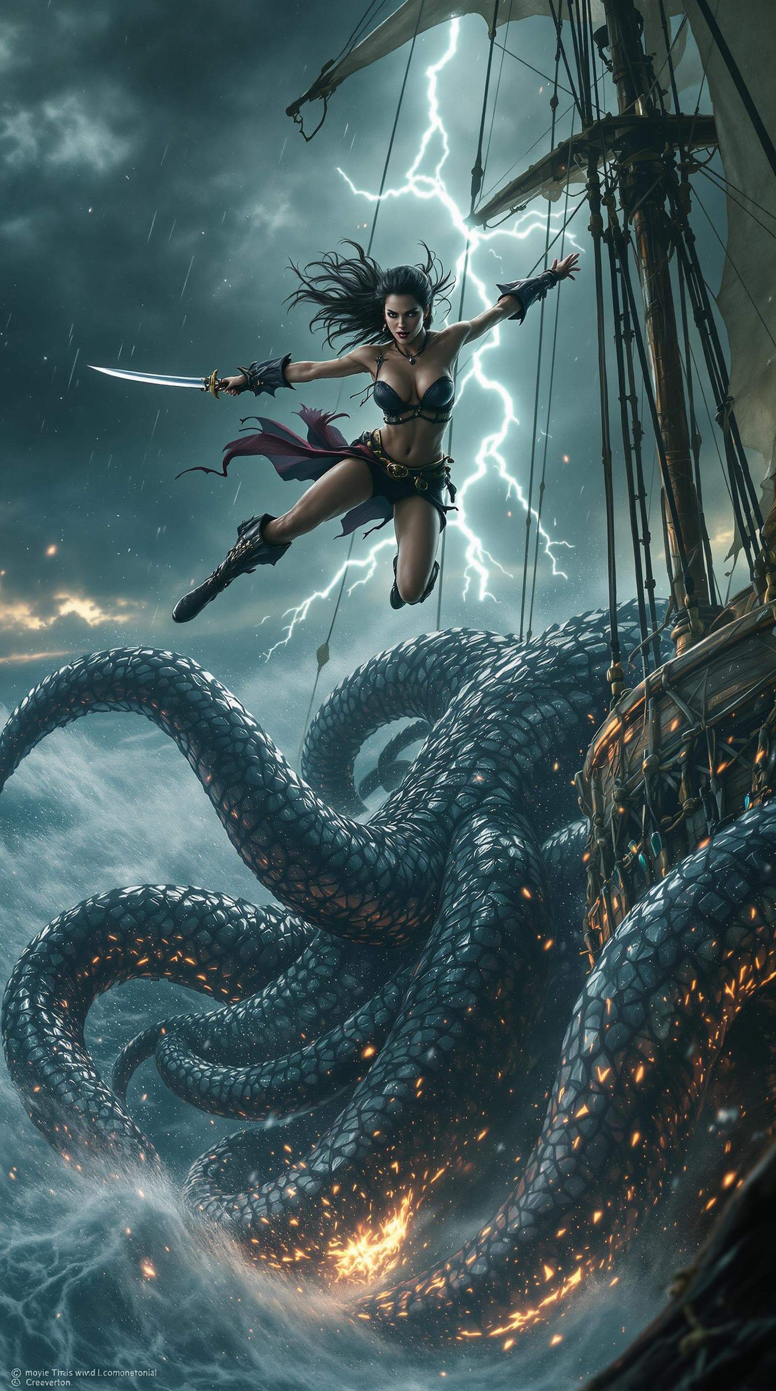 AI generated: Movie quality Action scene: Amidst the tempestuous Caribbean sea, a beautiful but fierce and determi...