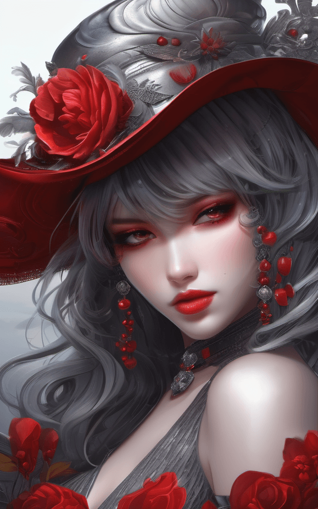 AI generated: portrait of a pretty woman in fantasy world, elegant, lovely, dark silver and red, realistic attenti...