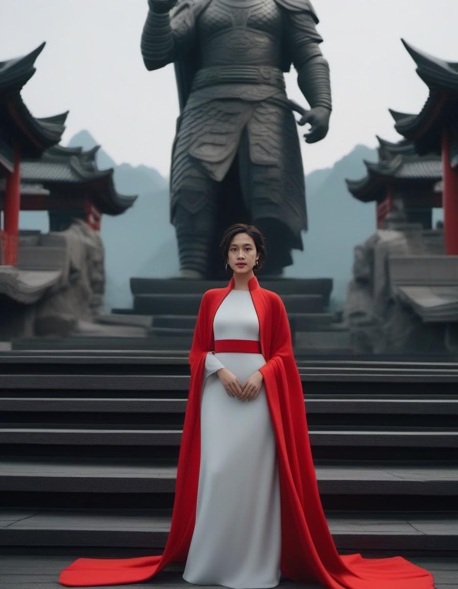 AI generated: the woman stands in front of a giant statue, in the style of cinematic sets, fenghua zhong, alessio ...