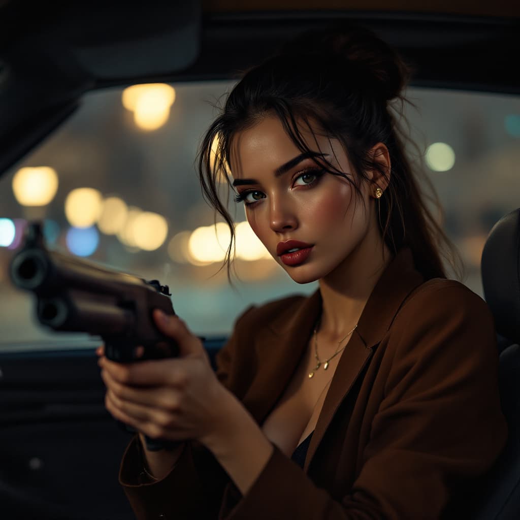 AI generated: woman . A female waiting inside a car holding a sawed-off shotgun, smoking, very fit body, long bun ...