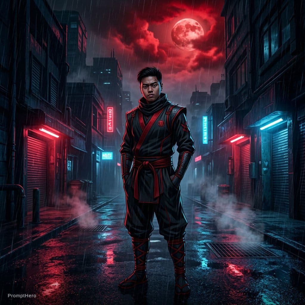 AI generated: a male assassin ninja in red and black ninja outfit, at night, black and red buildings , dark foggy ...