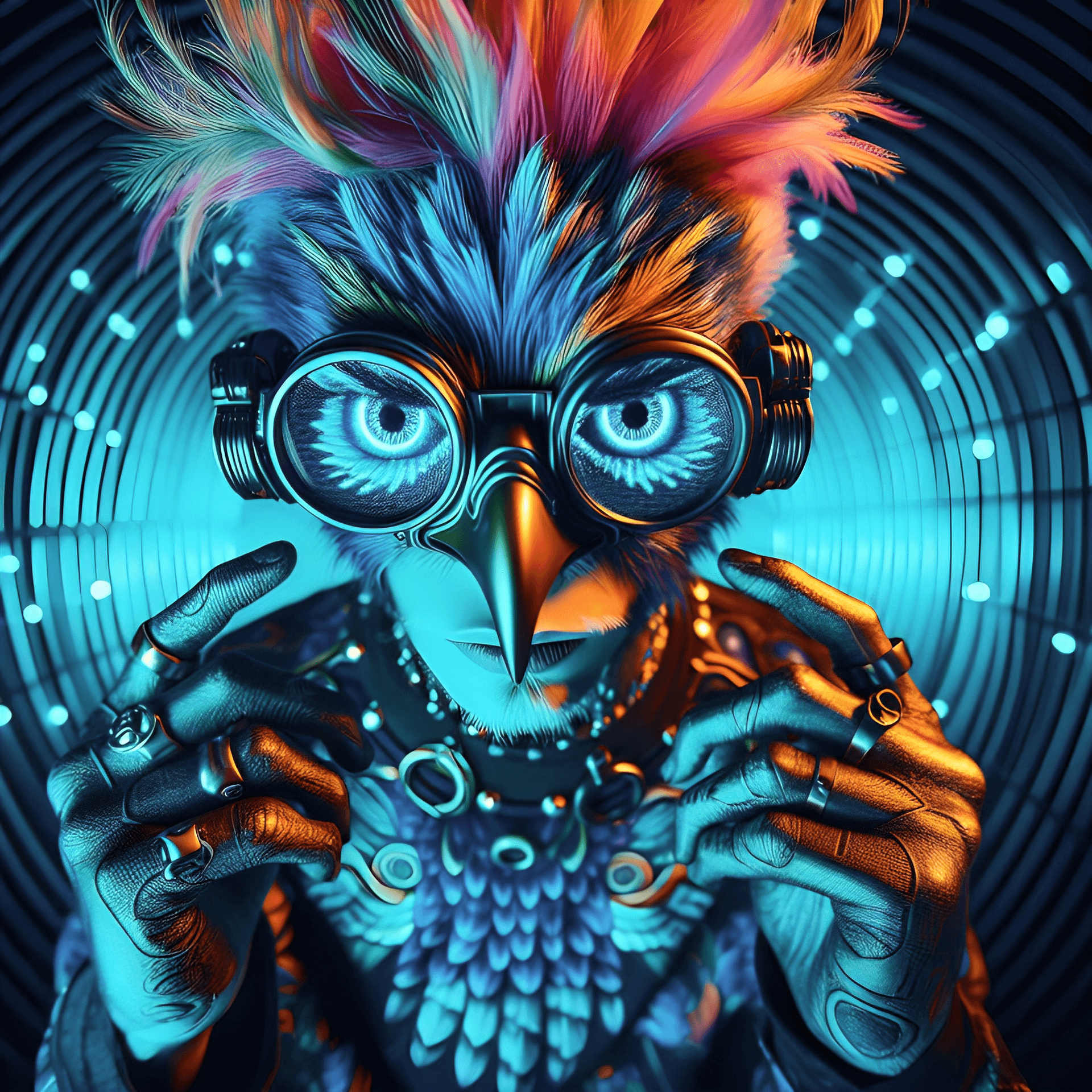 AI generated: a colorful eagle with futuristic glasses on its face, a character portrait by Phil Foglio, cgsociety...