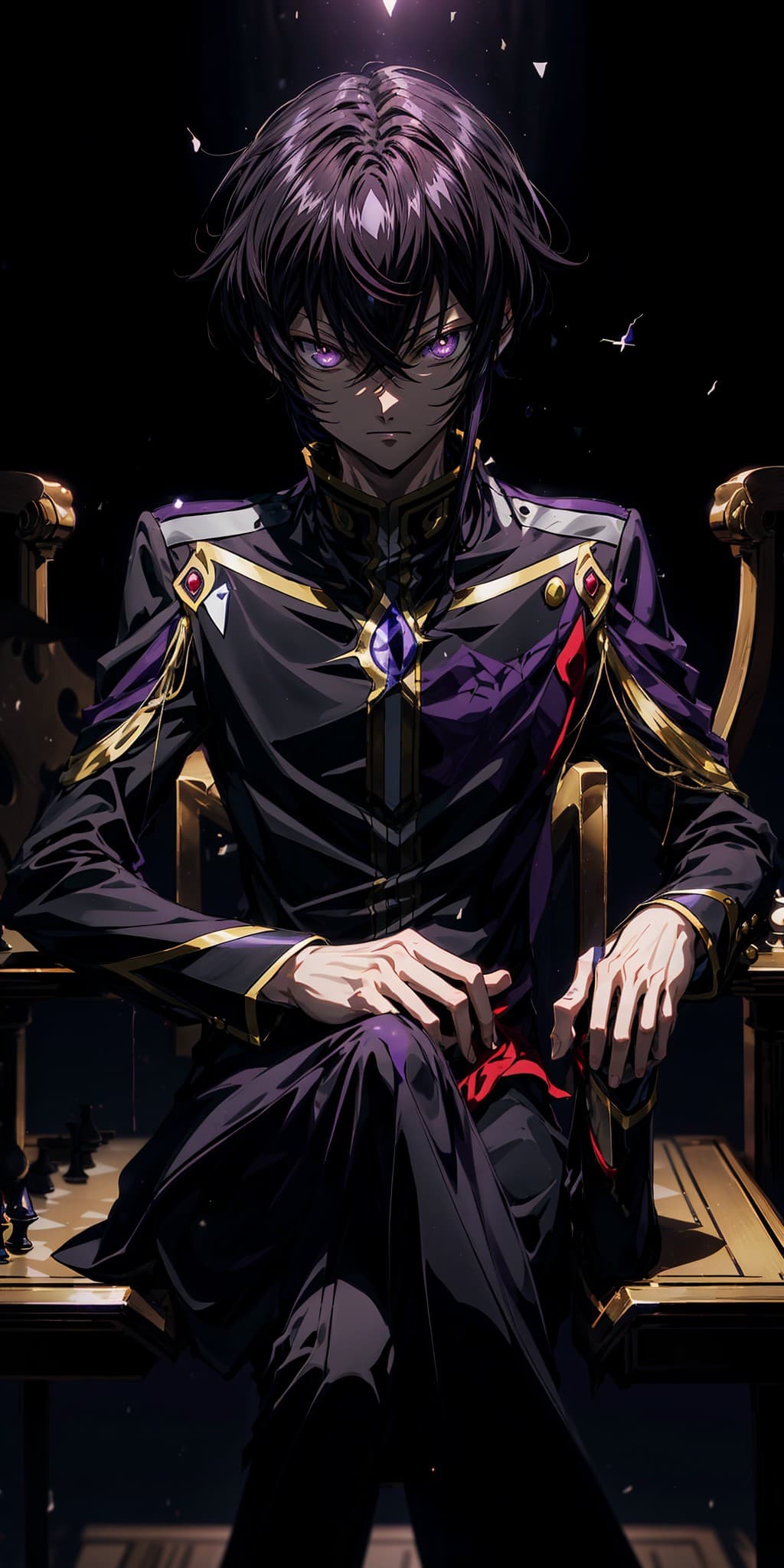AI generated: "1guy, lelouch of the rebelion from /(code geass)/, black school uniform, purple eyes, short black h...
