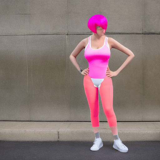 AI generated: a sporty tall young woman with very short pink hair. Small breast. She wears bright orange pantyhose...