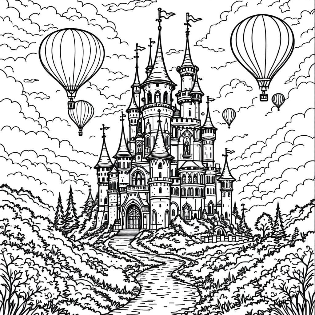 AI generated: Coloring book page, A magical castle in the clouds with hot air balloons floating around