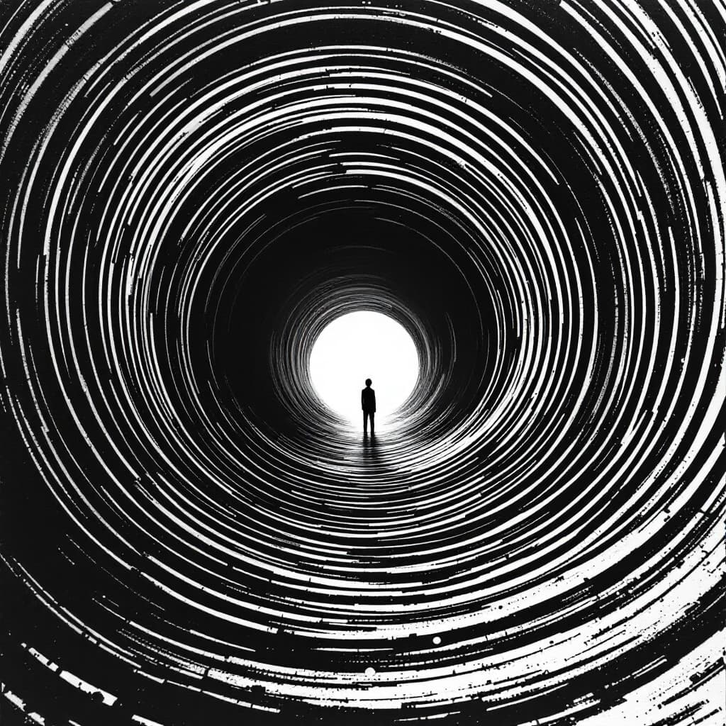 AI generated: abstract monochrome spiral drawing dominates the frame, its lines curving inward to a vanishing poin...