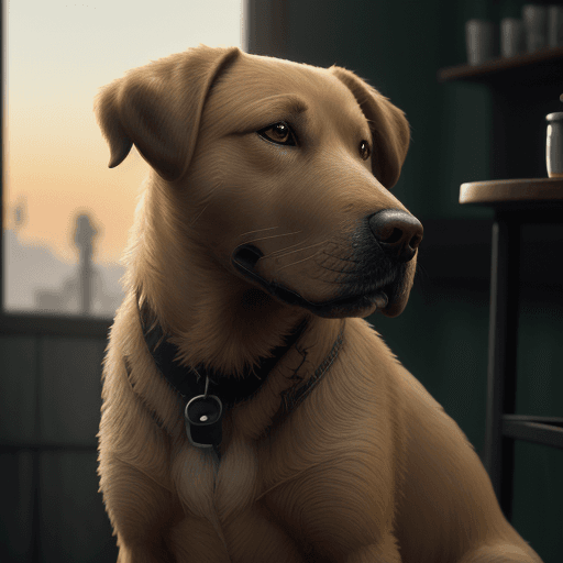 AI generated: Photo of a ultra realistic de un perro labrador color miel, ojos verdes, nariz café, pale sunrise, c...