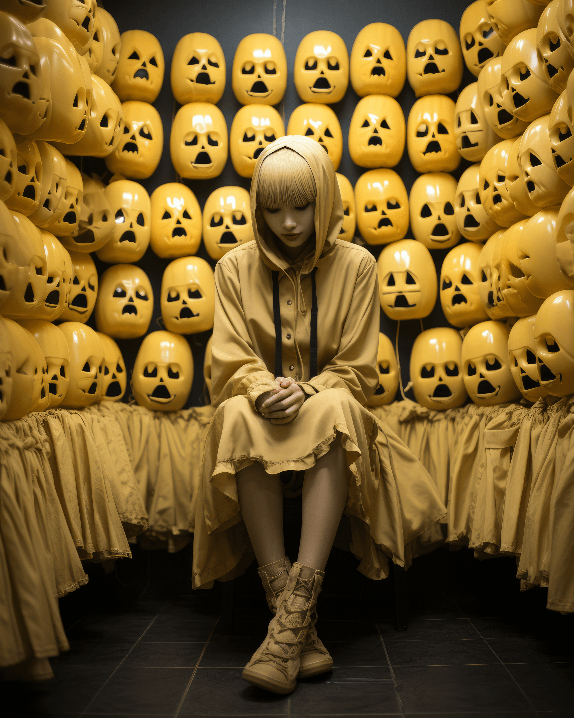 AI generated: a girl is sitting on a stool and posing in front of a row of mannequins, in the style of pastel goth...