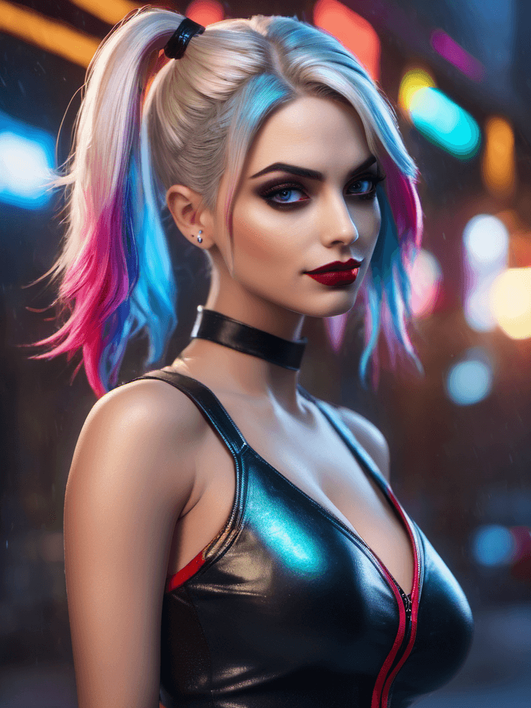 AI generated: full body:1.5, Cyberpunk Harley Quinn, Evil attitude, cold stare, (neon Gotham City):1.5, ((masterpi...