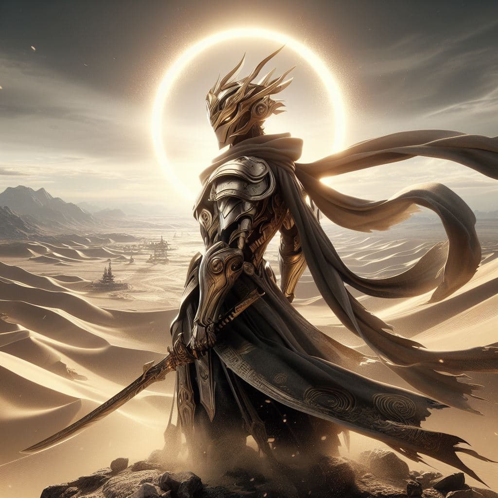 AI generated: Hachiman is seen in his Solar Sentinel skin, standing on a mountaintop overlooking a vast desert. He...