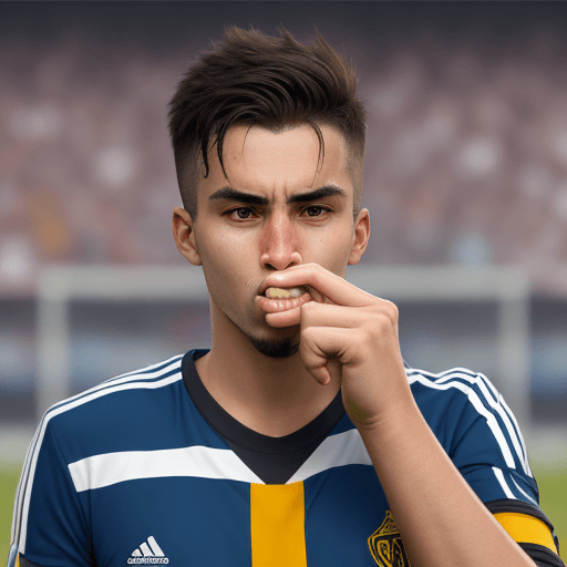 AI generated: A soccer fan putting two fingers to his mouth to whistle