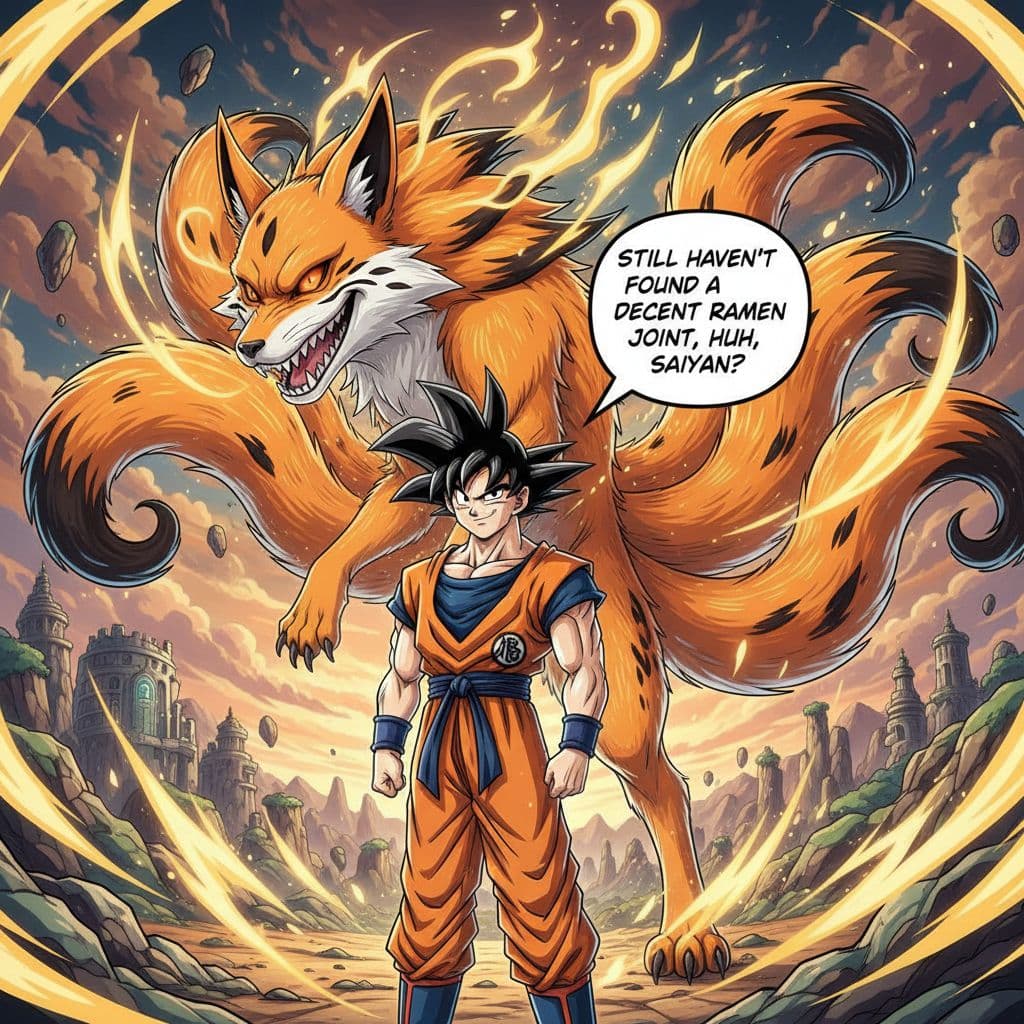 AI generated: A powerful scene featuring Goku from Dragon Ball Z standing confidently in the foreground. Behind hi...