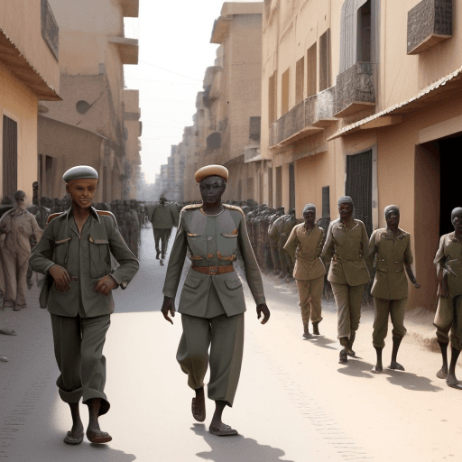 AI generated: des hommes qui marches dans les rues du mali nioro en1945 et un oiseau qui fait son nid