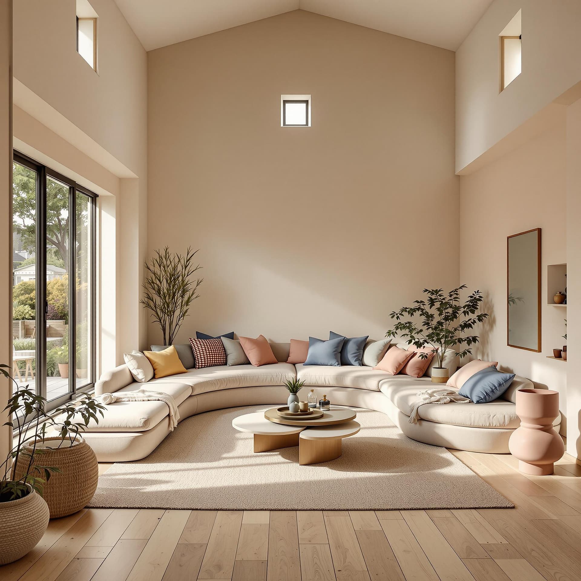 AI generated: High resolution photography interior design, dreamy sunken living room conversation pit, wooden floo...