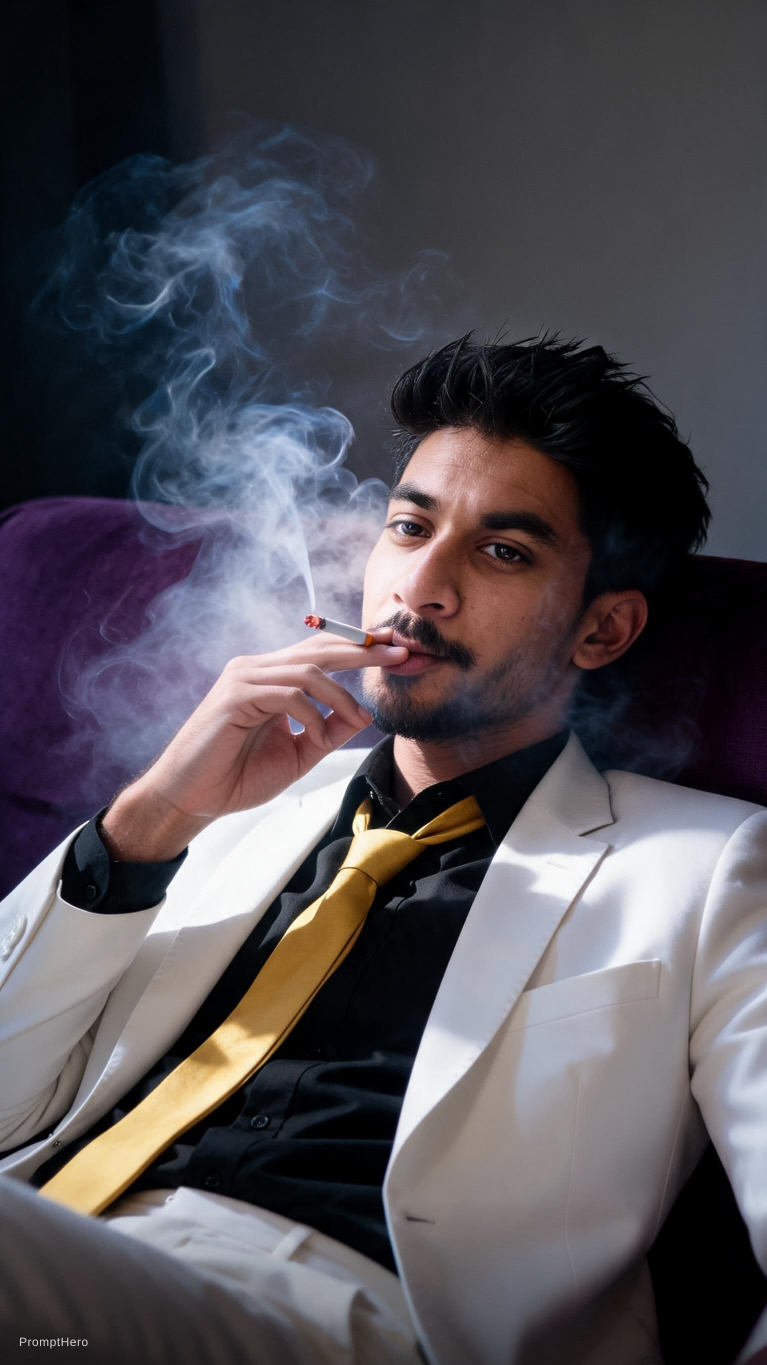 AI generated: snapshot, dimly lit room with a hazy atmosphere, capturing a man model lounging on a deep purple col...
