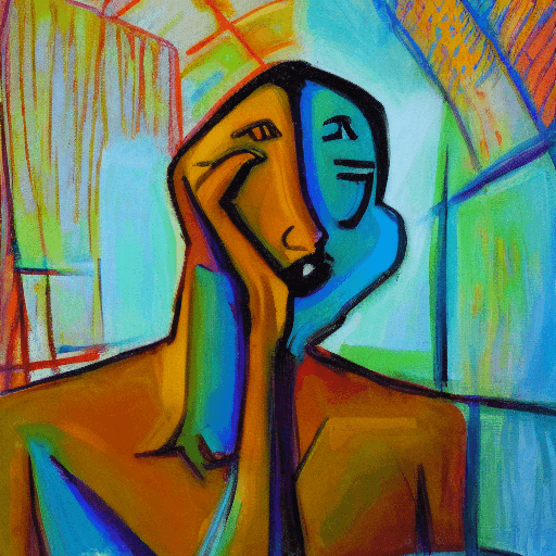 AI generated: expressionist painting of man trapped in his thoughts
