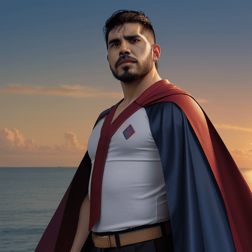 AI generated: A Hispanic man with superpowers watching the sunset with anger who he wants revenge against the sun ...