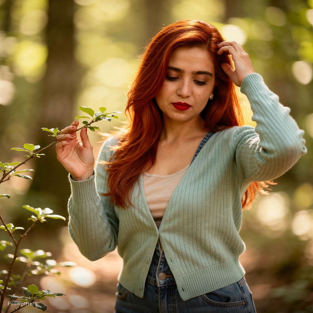AI generated: A photorealistic portrait of a fit adult woman with long, flowing red hair, standing in a sun-dapple...