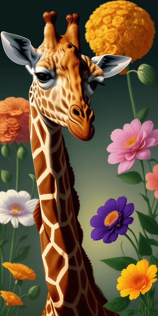 AI generated: giraffe in flowers by artist arne thun, in the style of natalia rak, 8k resolution, vintage aestheti...