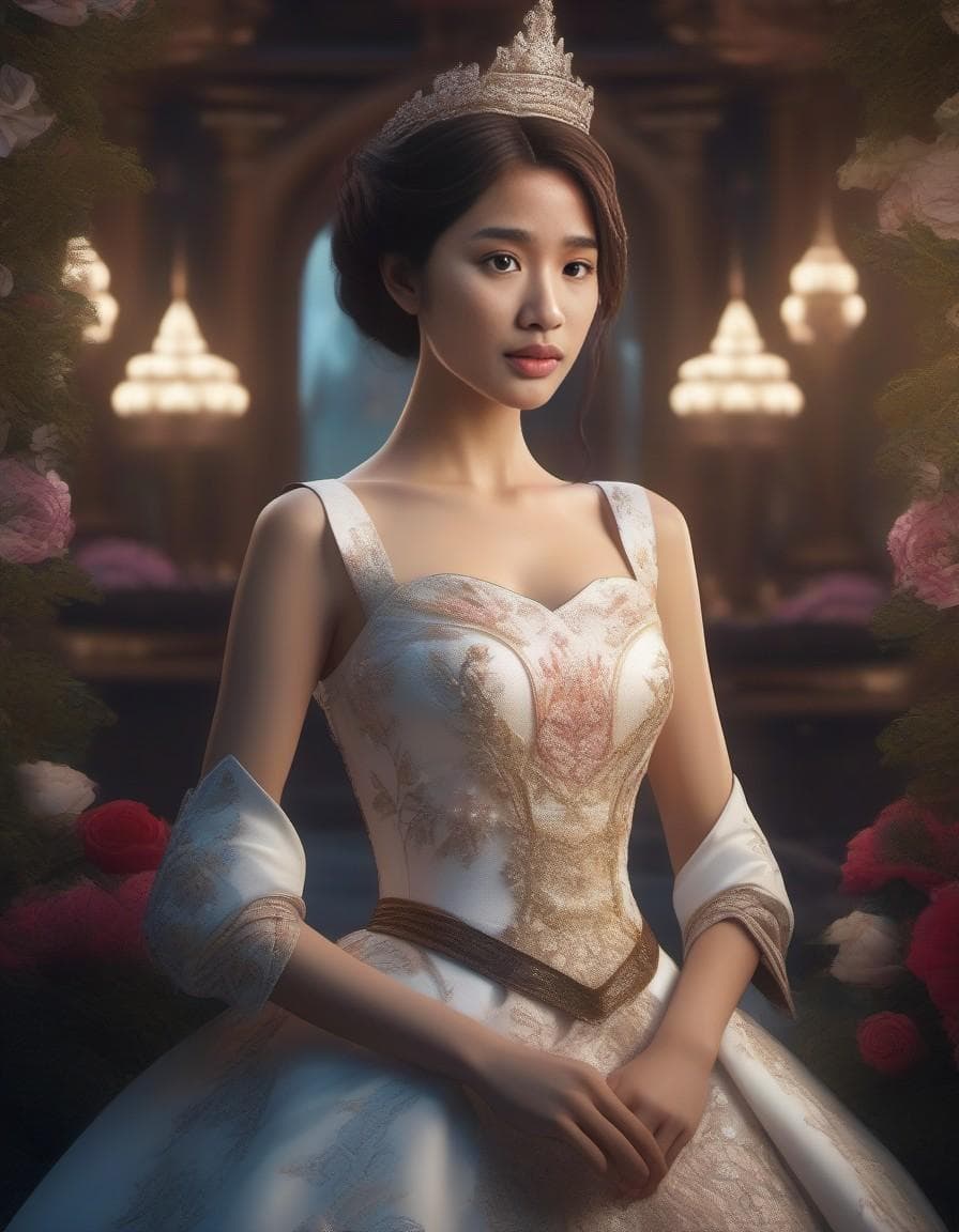 AI generated: looking at camera, princess wearing beautiful dress, in wonderland background, semi-realism art, unr...